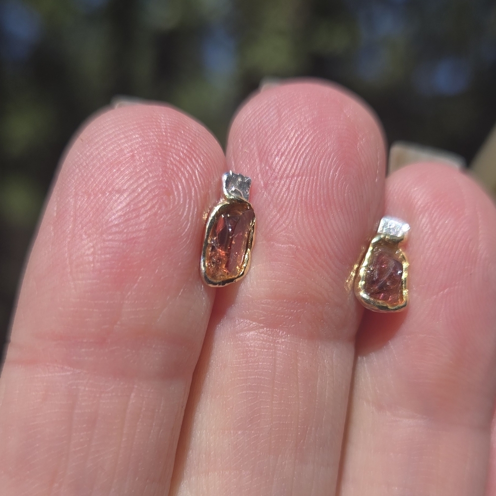 Tangarine Tourmaline Natural Sterling & Gold Stud Earrings - Picture 5 of 8